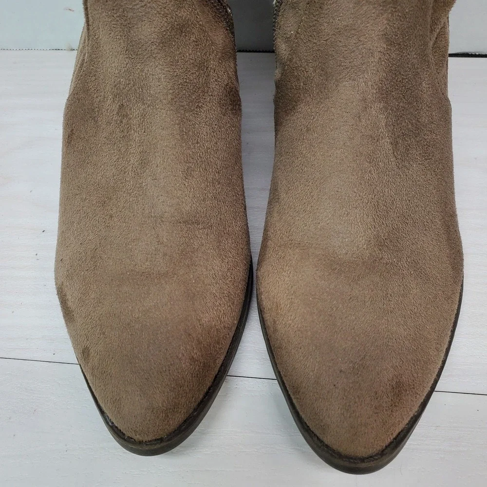 Taupe Faux Suede Over the‎ Knee Boots Pointed Toe Block Heel Tie Back Brown Boho